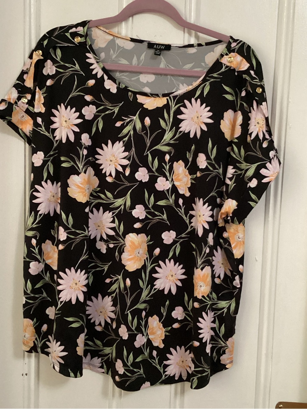 AUW Black Floral Short Sleeve Top - Pink & Peach Blooms